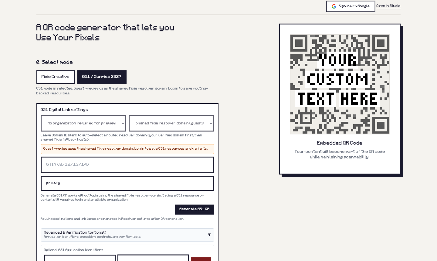 Live pixie.codes GS1 QR generator interface showing GS1 mode, product inputs, and preview panel