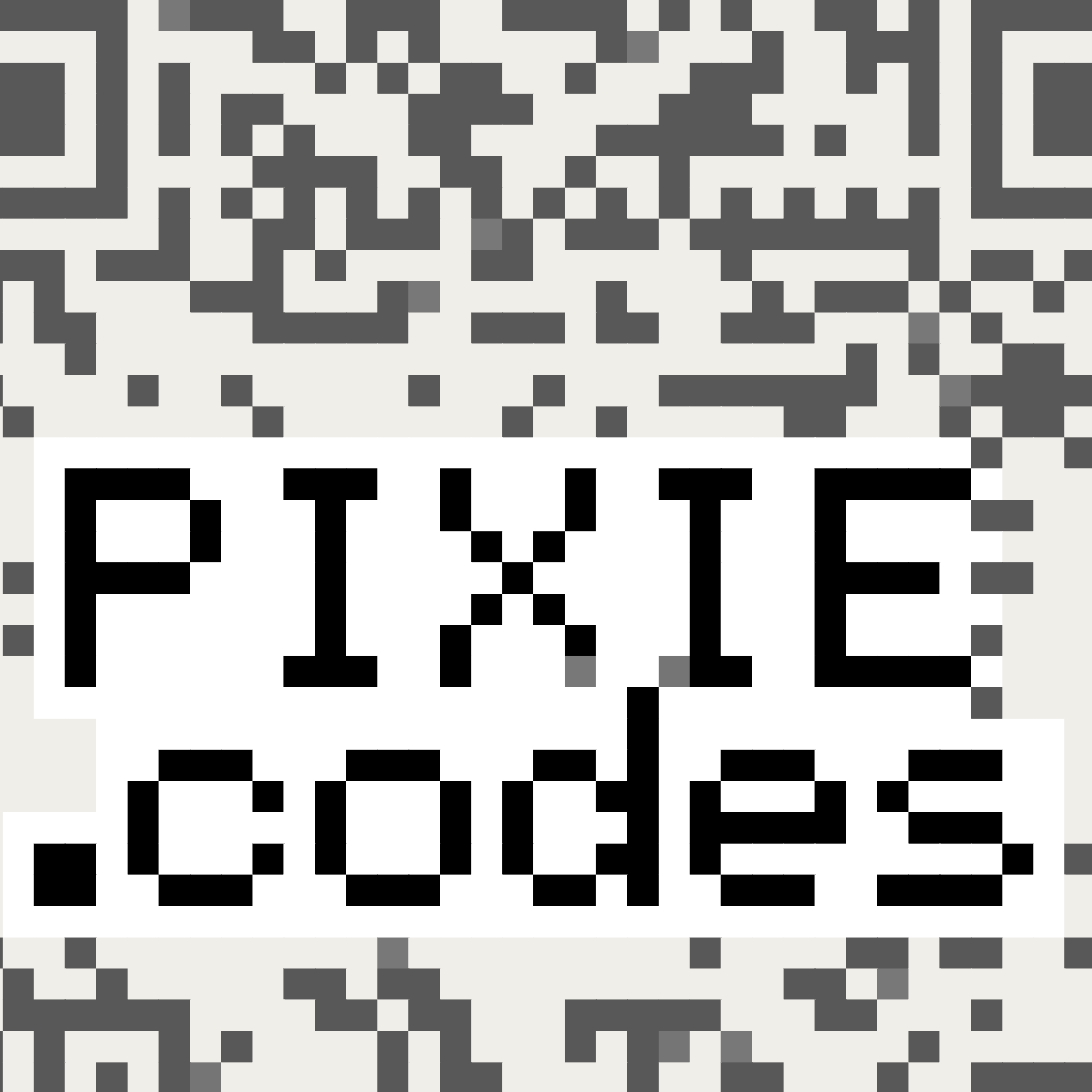 pixie.codes Creative Mode sample showing large PIXIE text embedded in the QR design