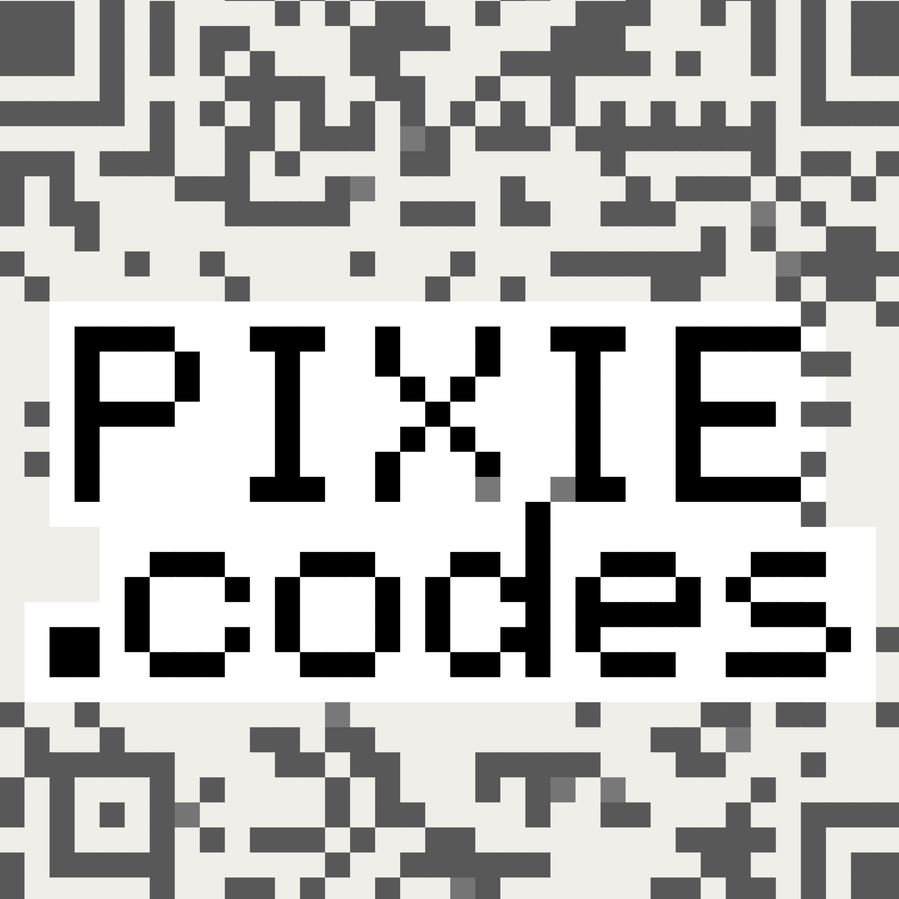 pixie.codes Creative Mode sample showing alternate embedded PIXIE text treatment inside the QR