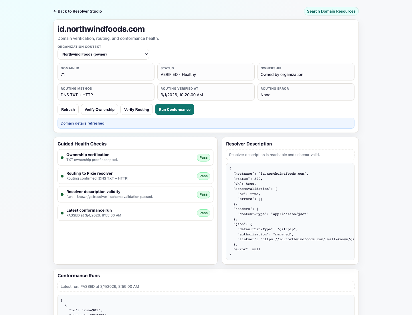 pixie.codes resolver domain screen showing domain verification, conformance status, and resolver description health checks